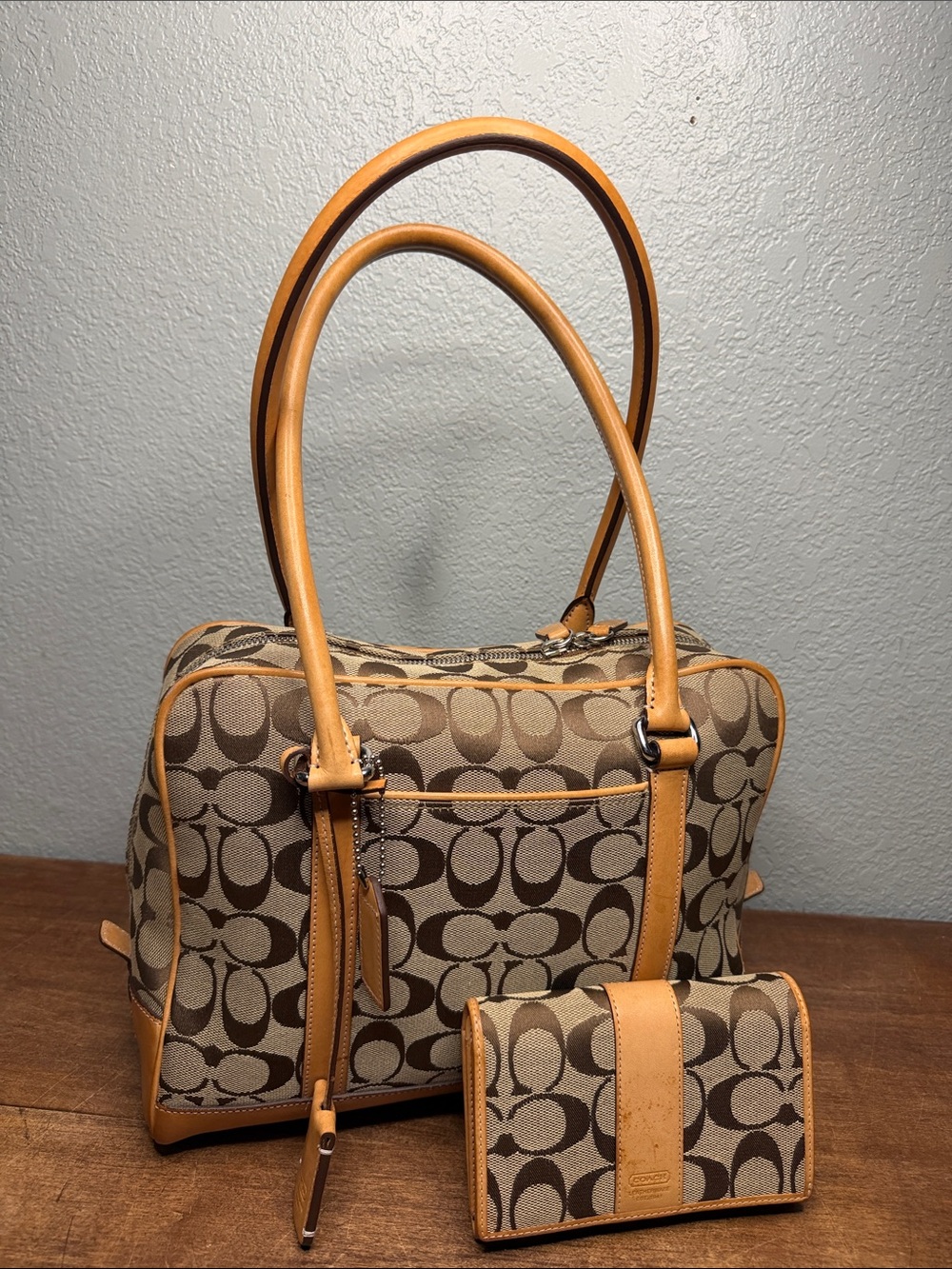 Y2K Coach Set Brown and Tan Signature Canvas Shoulder Bag with Wallet